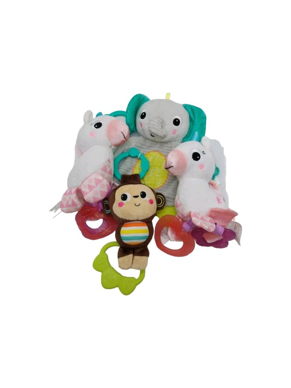 Bright Starts Elephant Monkey & 2 Unicorns Plush Rattle Teether Clip Lot Of 4